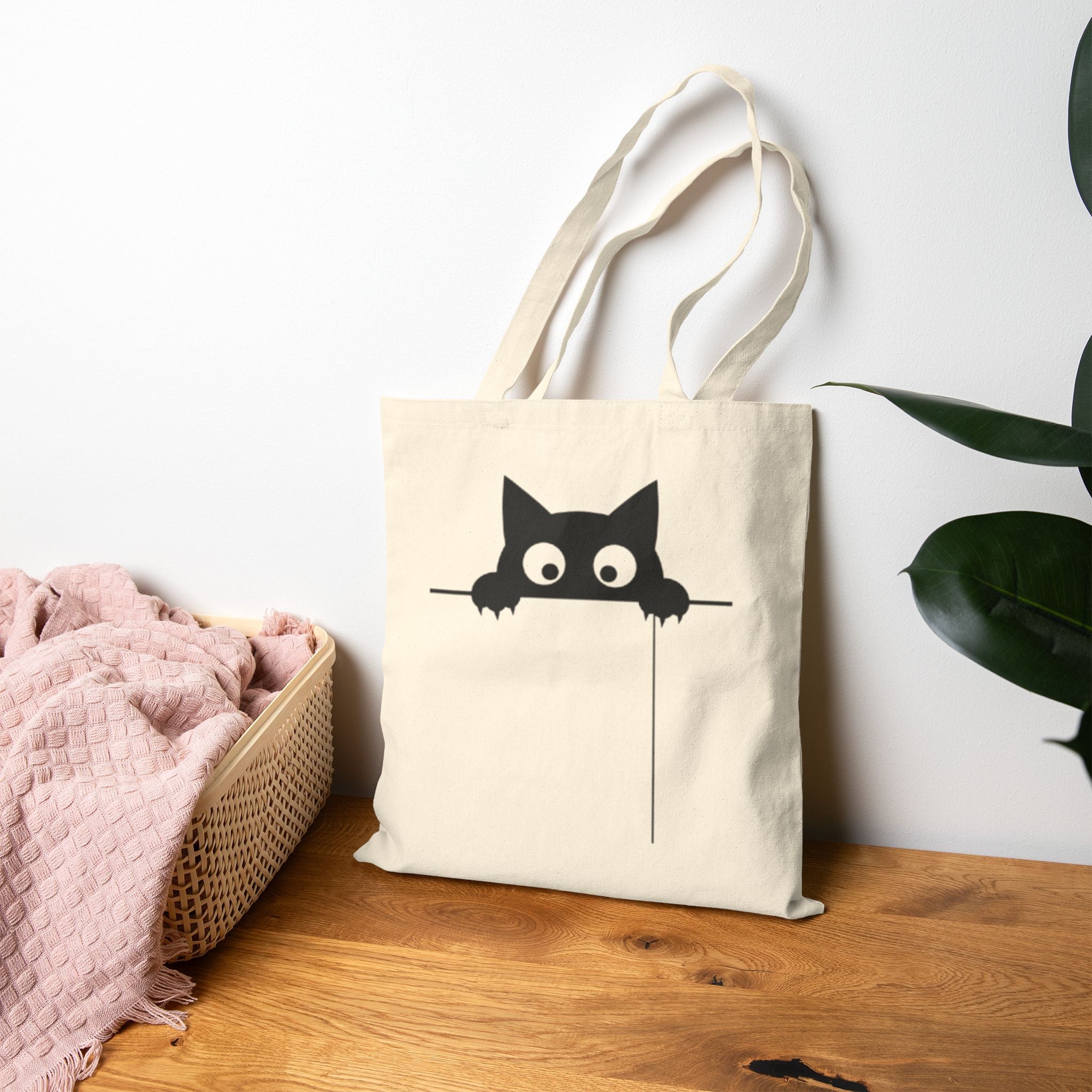 Peekaboo Cat Canvas Tote Bag — Cute Black Cat Shopper