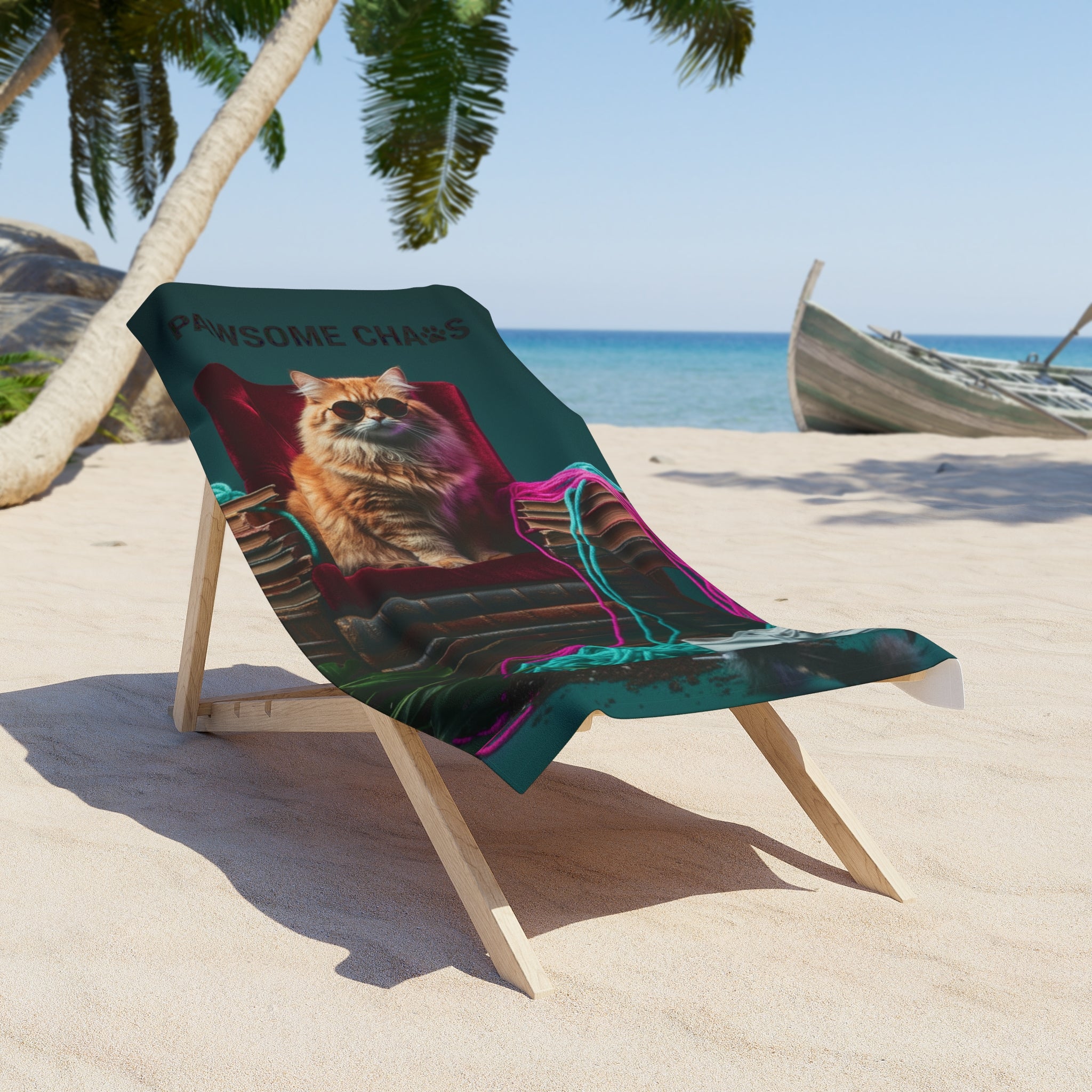 Beach Towel — "Pawsome Chaos" Relaxed Cat Print
