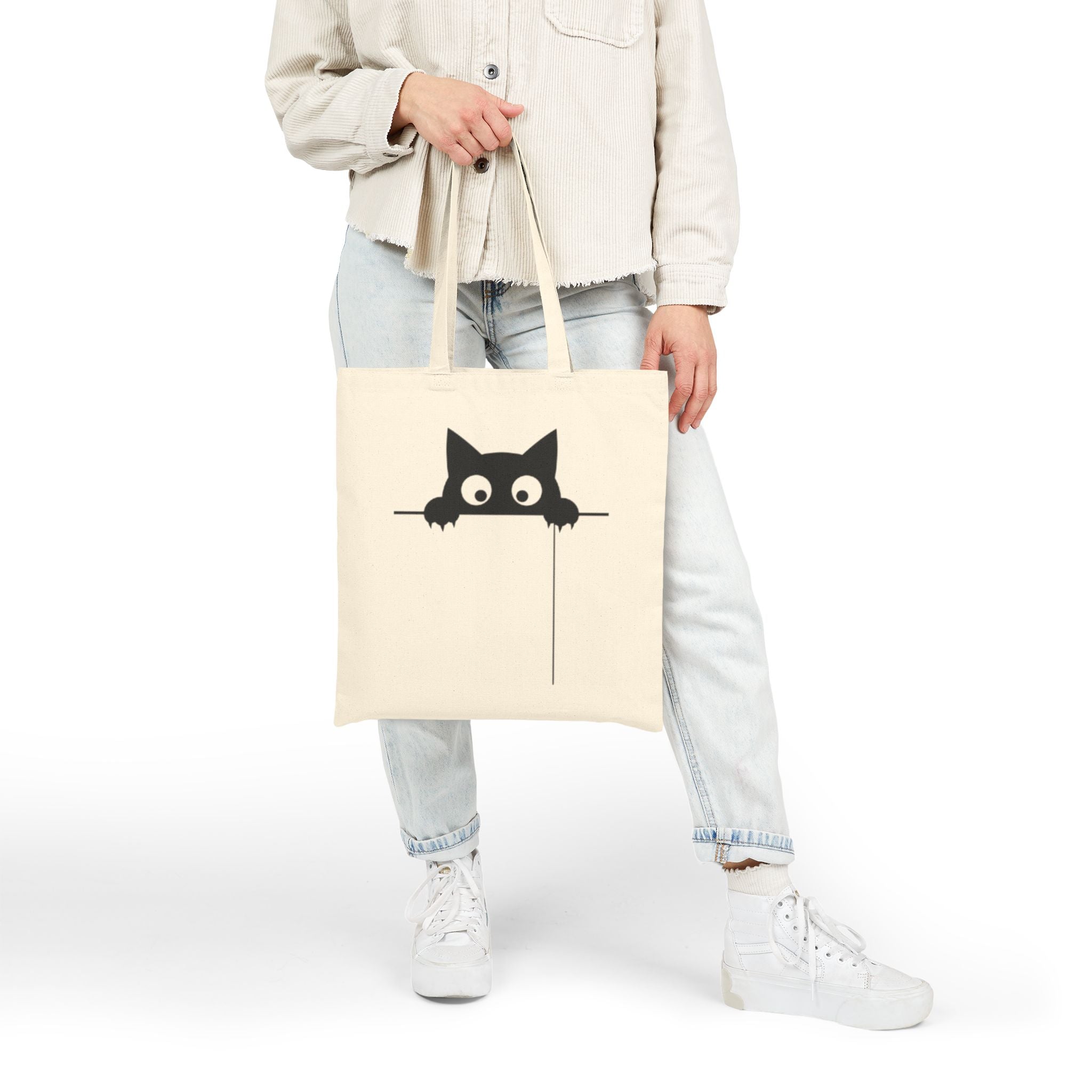 Peekaboo Cat Canvas Tote Bag — Cute Black Cat Shopper