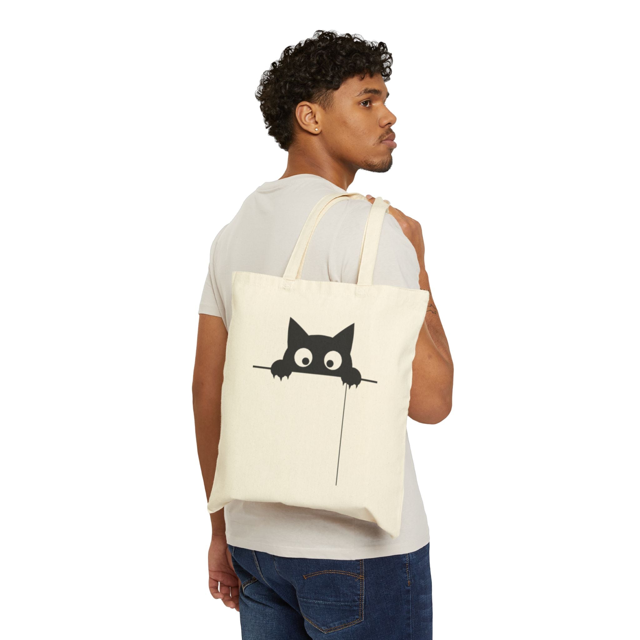 Peekaboo Cat Canvas Tote Bag — Cute Black Cat Shopper