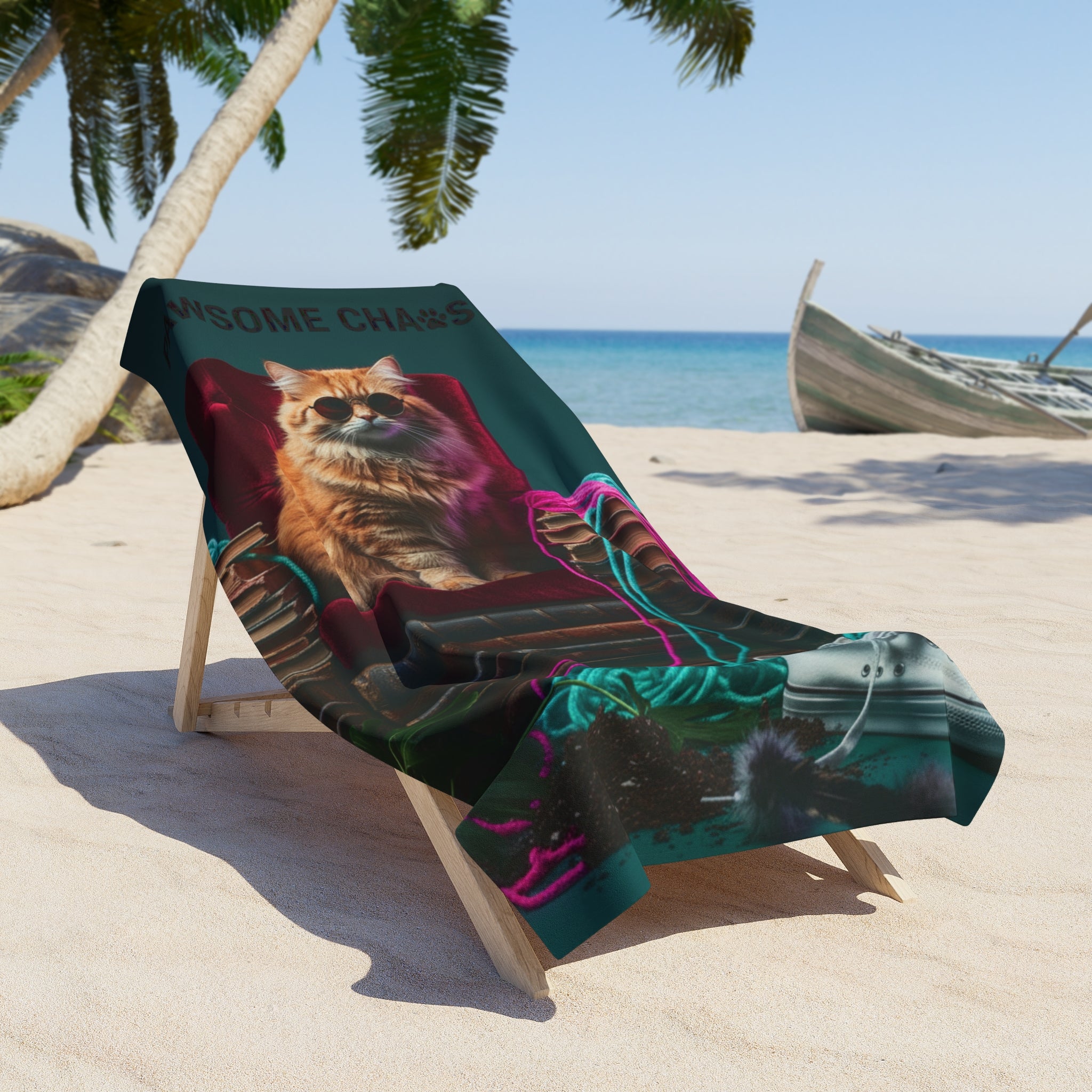 Beach Towel — "Pawsome Chaos" Relaxed Cat Print